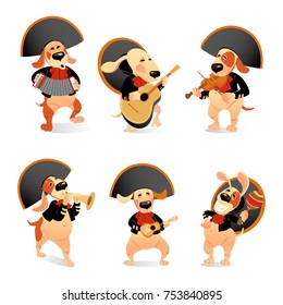 Set of vector illustrations of funny dogs in mariachi costumes with traditional musical instruments on a white background
