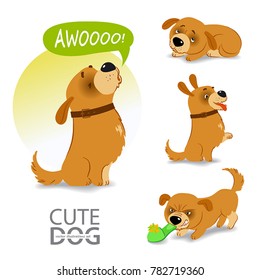 A set of vector illustrations of funny little dog in different emotional states with different face expressions in cartoon style