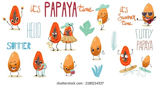 Set of vector illustrations of funny, funny papaya, cartoon characters, with musical instruments and in different poses, lettering. Summer vibes, childish concept.