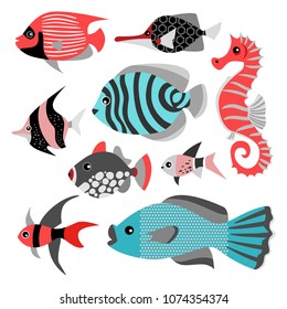 Set of vector illustrations of funny tropical fish.  Sea life. Cute isolated illustrations on white background