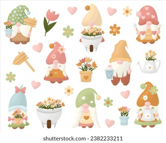 Conjunto de ilustraciones vectoriales de gnomos de jardín con flores.