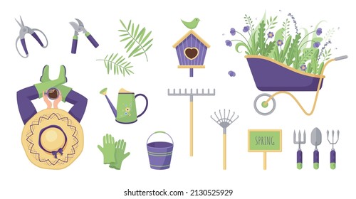 Set of vector illustrations with gardening tools. Very Peri Color. Flat vector illustration.