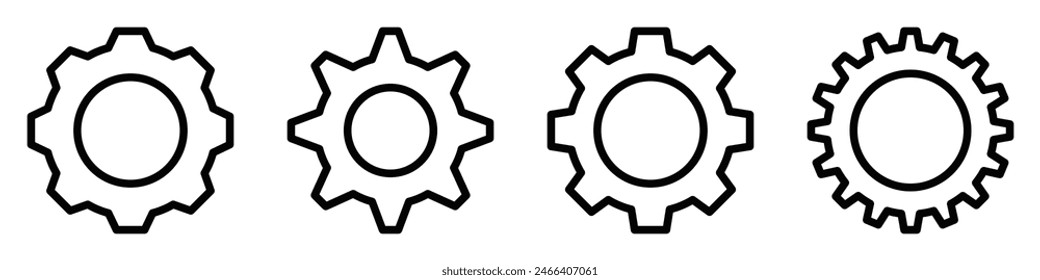 Set of vector illustrations of gear icons in various black and white designs. Editable stroke.
