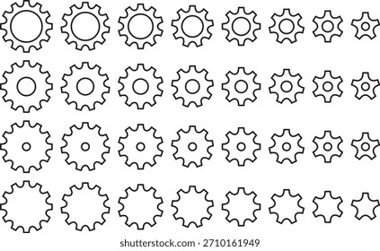 Set of vector illustrations of gear icons of various shapes