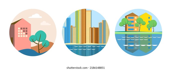 Set of vector illustrations in geometric flat style - city landscape with buildings, hills, bushes and trees