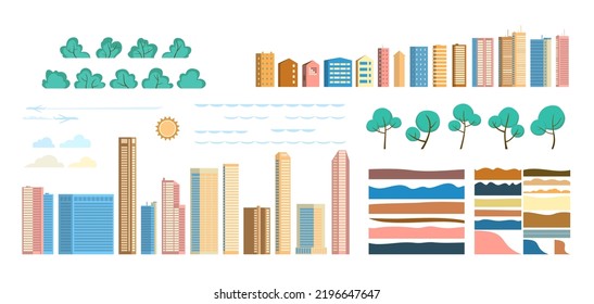 Set of vector illustrations in geometric flat style - city landscape with buildings, hills, bushes and trees