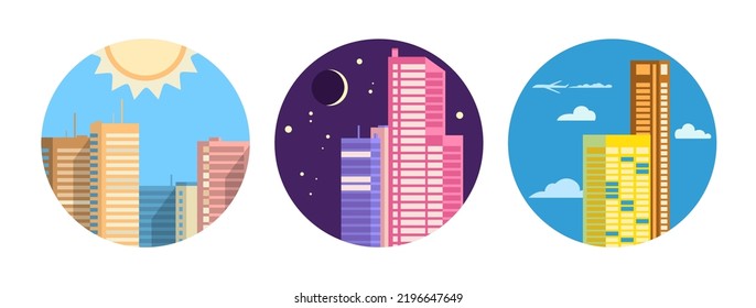 Set of vector illustrations in geometric flat style - city landscape with buildings, hills, bushes and trees