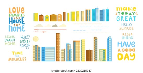 Set of vector illustrations in geometric flat style - city landscape with buildings, hills, bushes and trees