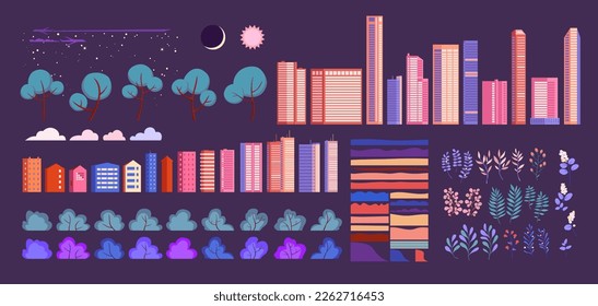 Set of vector illustrations in geometric flat style - city landscape with buildings, hills, bushes and trees.