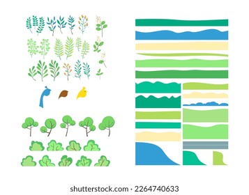 Set of vector illustrations in geometric flat style - flowers, leaves, hills, bushes and trees.