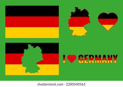 Set of vector illustrations with german flag, country outline map and heart. Travel concept.
