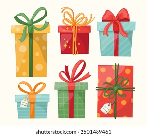 Set of vector illustrations of gift boxes and packages. Hand drawn cartoone style. Isolated vector illustration.