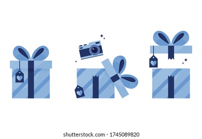 Set of vector illustrations. Gifts in packages, a closed gift with a postcard and a bow, opening a box with a camera. Birthday, New Year, Christmas. Prize won. Bonus. Blue. On white background. Eps 10