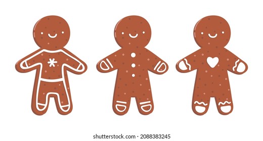 Set of vector illustrations of gingerbread cookies with icing. Man shape. Isolated on white background