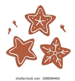 Set of vector illustrations of gingerbread cookies with icing. Star shape. Isolated on white background