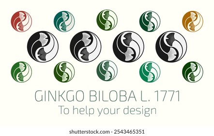 Conjunto de ilustrações vetoriais de folhas de ginkgo biloba usando o método de geometria sagrada no estilo Yin Yang. Ajuda do designer.
