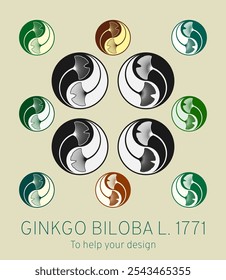 Conjunto de ilustrações vetoriais de folhas de ginkgo biloba usando o método de geometria sagrada no estilo Yin Yang. Ajuda do designer.
