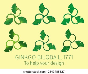 Conjunto de ilustrações vetoriais de folhas de ginkgo biloba usando o método de geometria sagrada no estilo Triskelion. Ajuda do designer.
