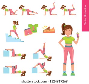 Set of vector illustrations. Girl doing sport warm up exercises, yoga pose and workout. Character poses set.