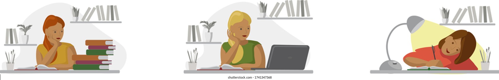 Set of vector illustrations girl doing homework sitting at the table, studying at home.