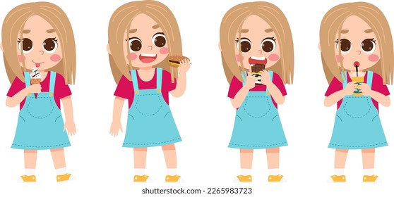 Set of vector illustrations of girl doing different actions with snacks