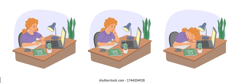 Conjunto de ilustraciones vectoriales. Muchacha estudiando con una laptop en casa en el escritorio. La chica está cansada de estudiar. La niña se quedó dormida en una mesa frente a una laptop. Educación a distancia.