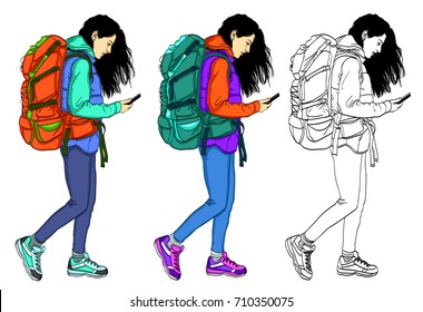 Set of vector illustrations of girls in casual, comfortable clothes. Girl with mobile phone on white background