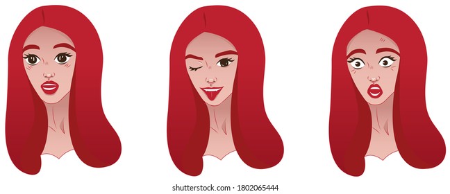 Set of vector illustrations of girl's emotions. Cartoon stickers for social networks or a website. Stock illustration isolated on white background. Emotions such as fear, winks and admiration