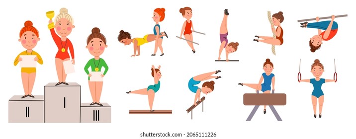 A set of vector illustrations of girls engaged in gymnastics.