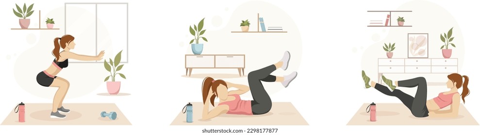 Set of vector illustrations of girls exercising sports at home in the living room. The concept of a healthy lifestyle, sports at home. Image for sports design, stickers, web design elements, banners.