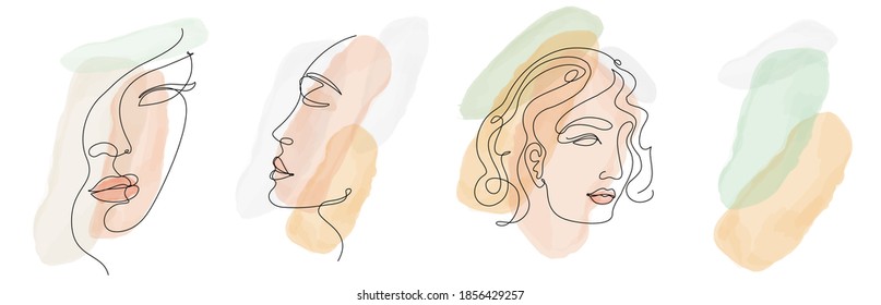 Conjunto de ilustraciones vectoriales. Las niñas se enfrentan a un estilo lineal minimalista, con trazos de brocha acuarela en el fondo.