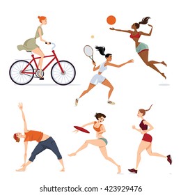 Set of vector illustrations of girls involved in sports