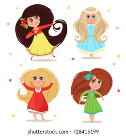 Set of vector illustrations. Girls with long hair and elegant dresses are dancing.  Isolated vector illustration. character design.