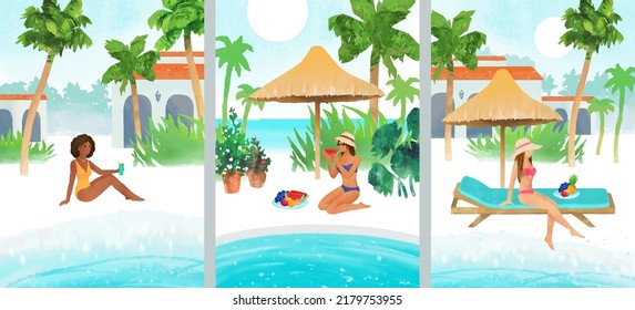 Set vector Illustrations with girls relaxing on a beach and by the poolside. Watercolor illustration with beach, palm trees, pool, cottage and women. Summer vacation concept