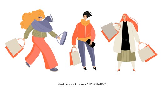 Conjunto de ilustraciones vectoriales de niñas con bolsas de compras. Venta de otoño. 