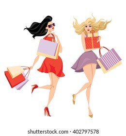 Set of vector illustrations of girls with shopping bags in cartoon style