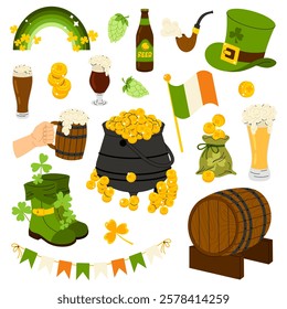 Set vector illustrations glass beer, Irish flag, barrel, cauldron gold, boot, rainbow, gold. St. Patrick Day. Isolated on white background.