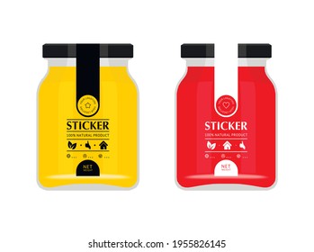 Set of vector illustrations of glass jars and stylish stickers. Jar sticker template. Realistic vector with a jar of butter, honey, jam. Mockup template.