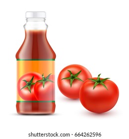 Set of vector illustrations of a glass or plastic transparent bottle tomato ketchup with label for branding and two fresh red tomatoes in a realistic style isolated on white.