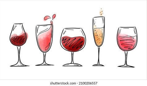 A set of vector illustrations with glasses of red and white wine, watercolor splashes of wine. Isolated elements on a white background. Vector illustration Hand-draw style