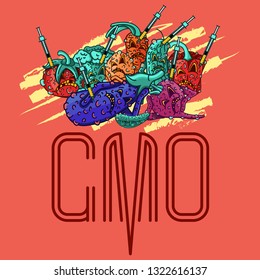Set of vector illustrations GMO products. junk food. mutant products. gmo syringe. Vegetables characters. Beets, carrots, tomatoes, broccoli, bell peppers, cucumbers, potatoes, eggplant
