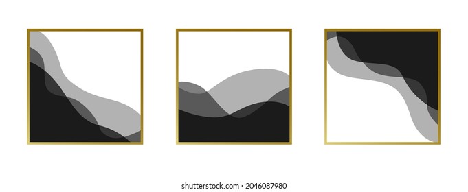 Set of Vector Illustrations. Gold Squares. Black Waves. Abstraction Template. Gold Gradient. Abstract Minimal Collection