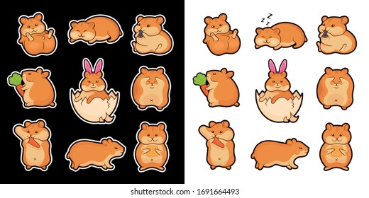 Set of vector illustrations of golden hamsters. Collection pets for stickers and prints. Cute characters for your design.