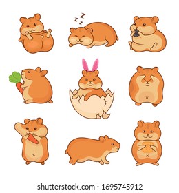 Set of vector illustrations of golden hamsters. Collection pets for stickers and prints. Cute characters for your design.