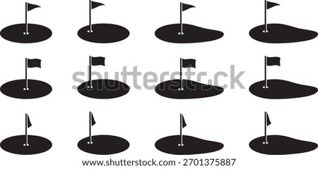 Set of vector illustrations of golf green and flag icons of various shapes