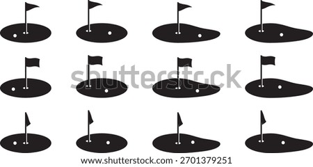 Set of vector illustrations of golf green and flag icons of various shapes