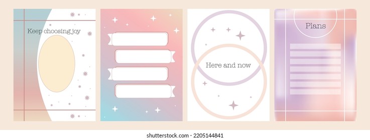 Set of vector illustrations. Gradient backgrounds with geometric shapes. Liquid holographic gradient poster for wall art or social media cover. Modern wallpaper design.