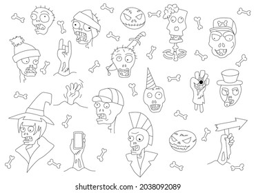 Set of vector illustrations with graphic design elements on the theme of Halloween. Zombies and zombie hands