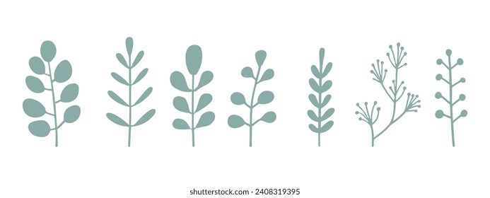 set of vector illustrations of green branches and leaves in a minimalistic style on a white background.