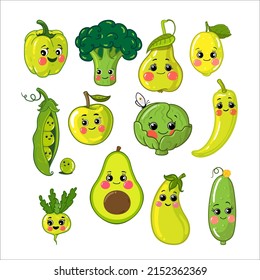 Un conjunto de ilustraciones vectoriales de frutas verdes, verduras, aisladas. Dibujar personajes lindos de dibujos animados. Pepper, brócoli, pera, limón, judías, manzana, col, aguacate, calabaza, pepino